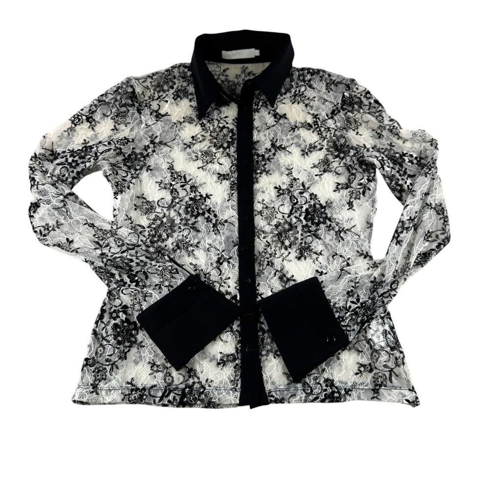 Anne Fontaine Solly Lace Button Up M White Black Long Sleeve Contrast Blouse